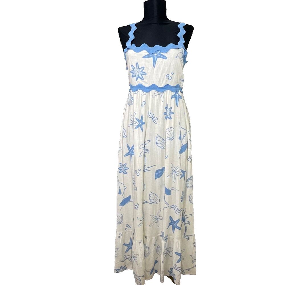 Anthropologie By The River Tiered Midi Dress Size Small Blue shells white smock